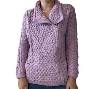 Blarney Heritage Womens Purple Wool Cotton Blend Irish Fisherman Moto Cardigan L